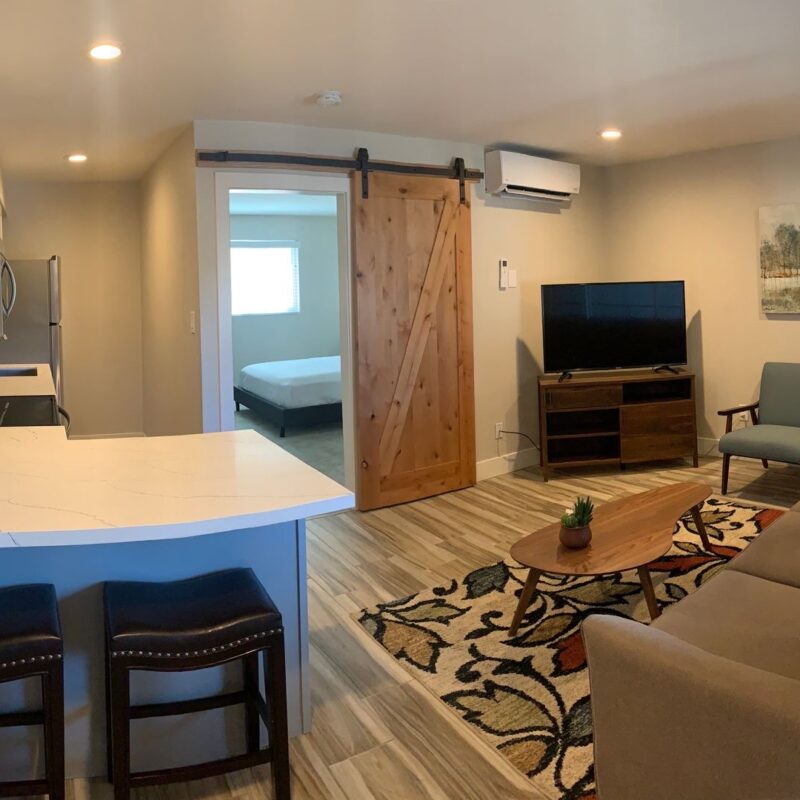 Cozy modern living room and kitchen area