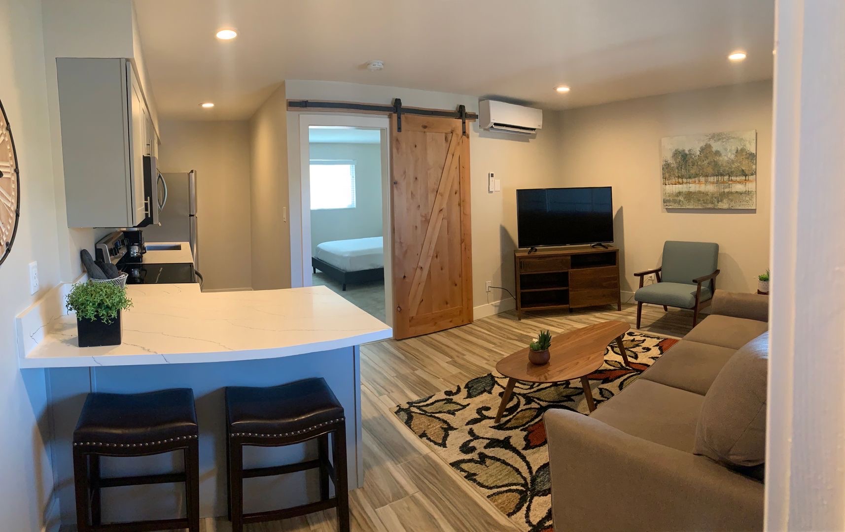 Cozy modern living room and kitchen area