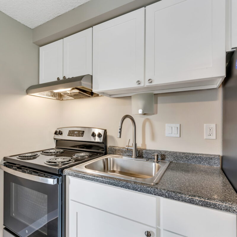 Modern kitchen with stove, sink, refrigerator.