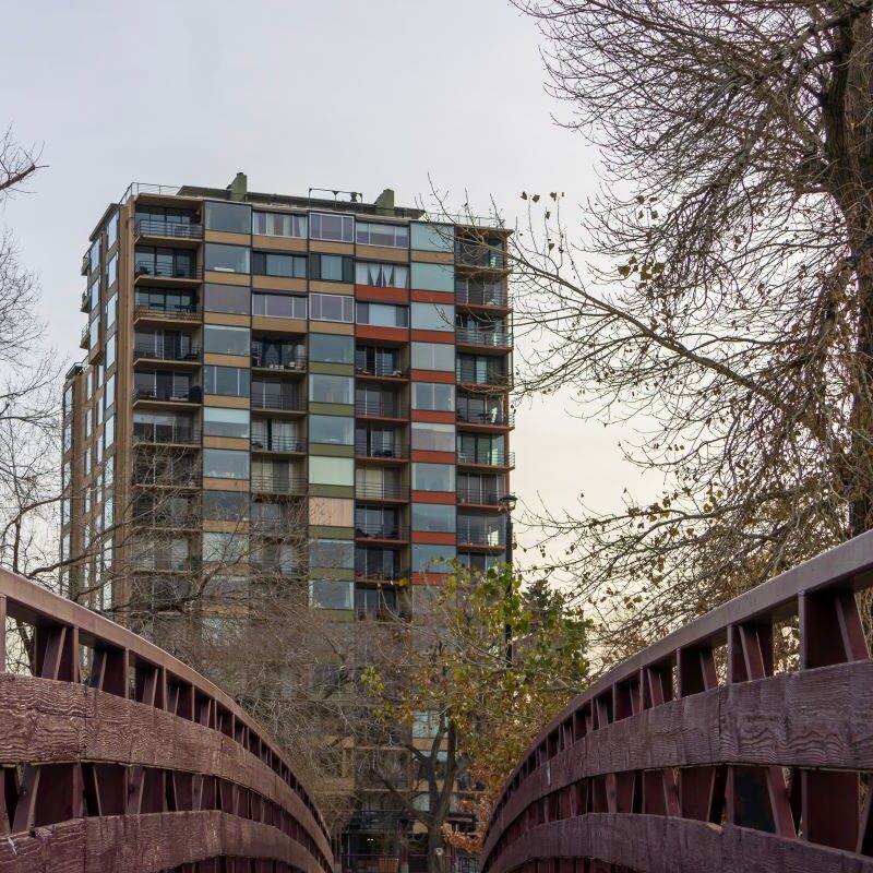 Apartments viewed from a wooden bridge in Reno, Nevada