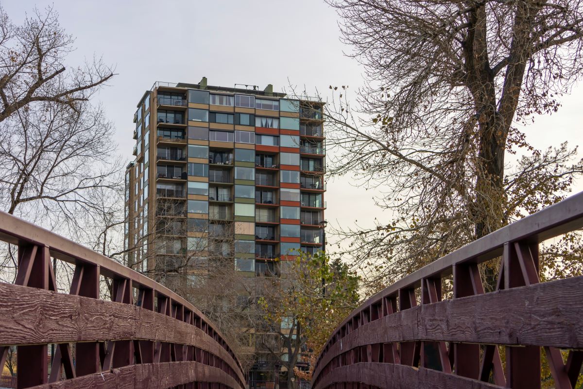 Apartments viewed from a wooden bridge in Reno, Nevada